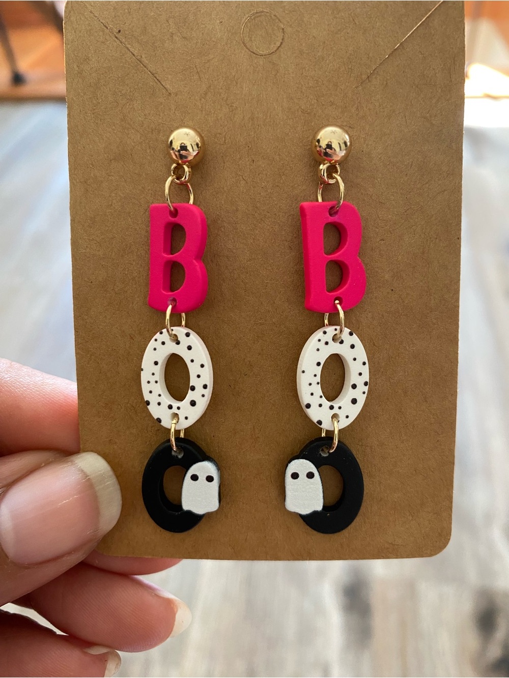Fun Pink,White & Black "BOO" Ghost Drop Earrings
